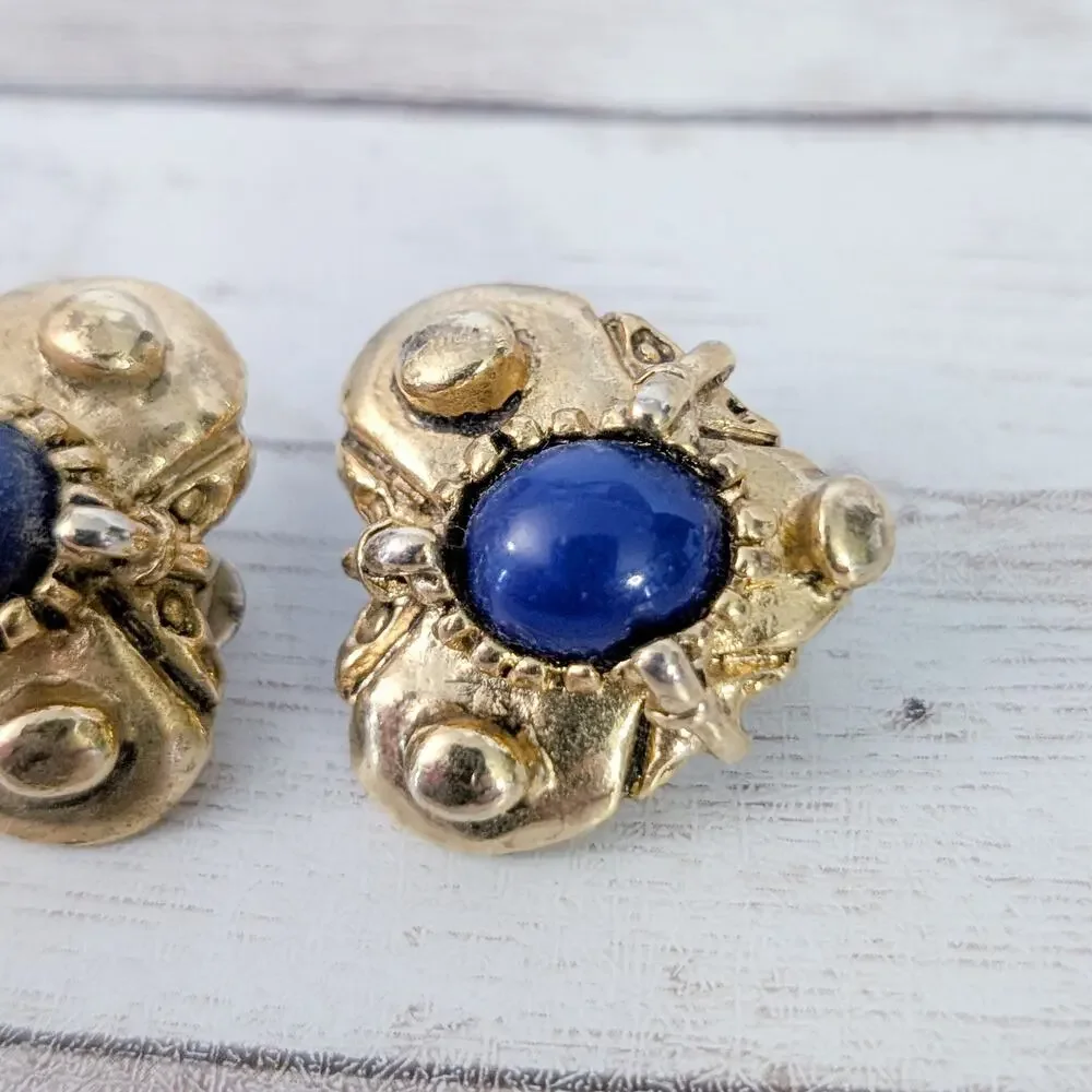 Vintage Clip On Earrings Chunky Gold Tone Heart Blue Center - Condition Issues